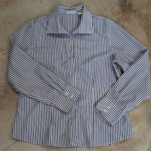 Chico's | Grey and White Striped Button Down Shirt Hidden Button Size 1